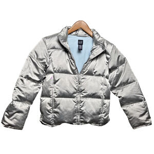 Vintage Y2K Gap Silver Puffer Jacket Girl's Size XL Down Filled Fleece Lined GUC